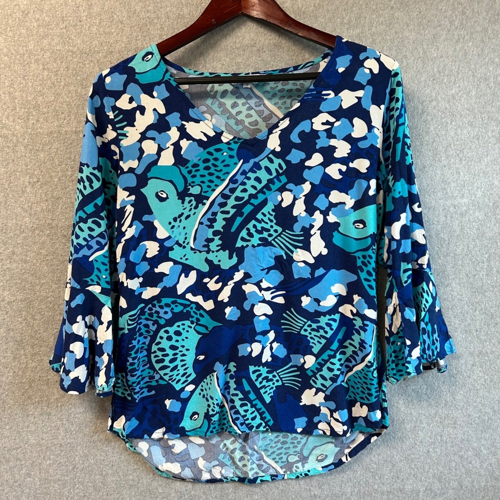 Escapada Living 3/4 Bell Sleeve Blouse Blue White‎ Fish Print Coastal Size Small